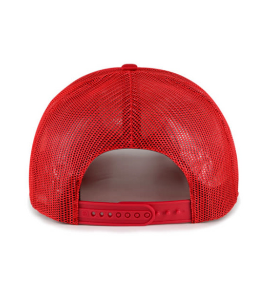 A red mesh trucker hat with an adjustable snapback closure.