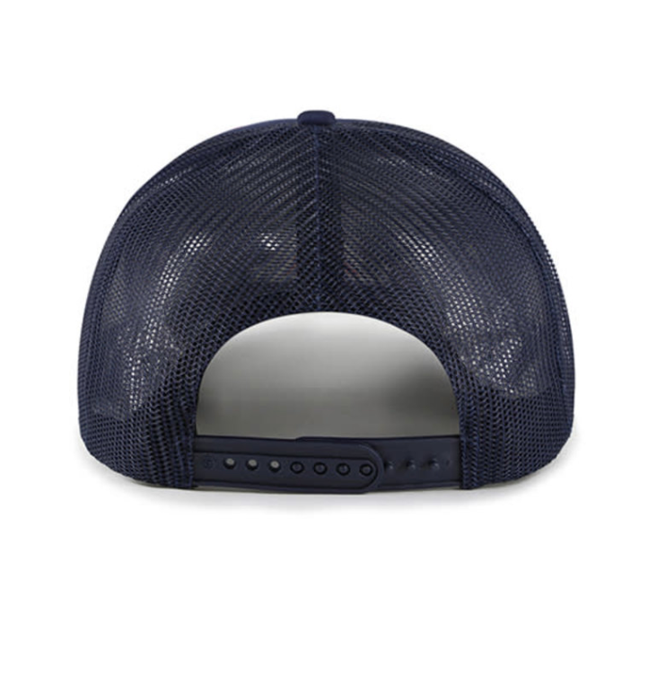 A rear view of a navy blue mesh baseball cap with an adjustable snap closure, showcasing its ventilated mesh back panel.