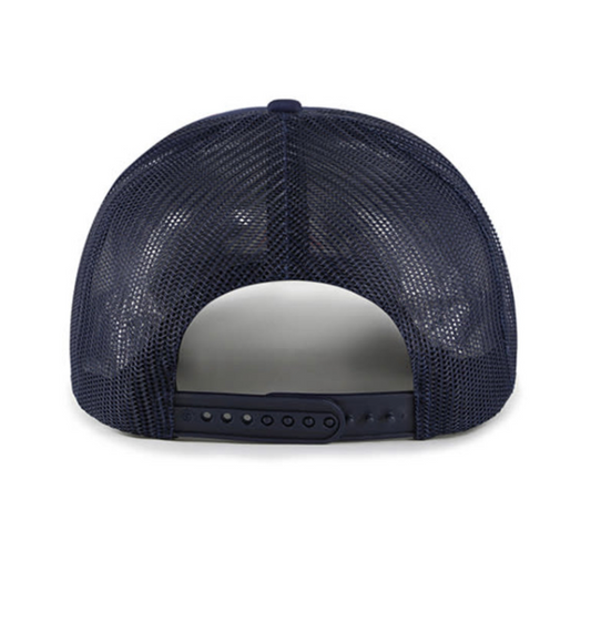A rear view of a navy blue mesh baseball cap with an adjustable snap closure, showcasing its ventilated mesh back panel.