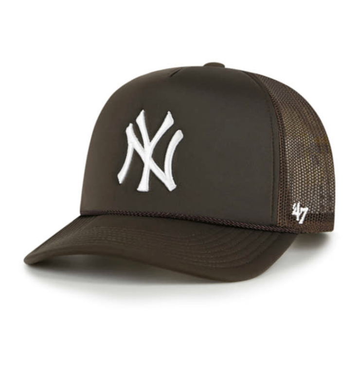 A black '47 Mesh Trucker cap with a raised white New York Yankees logo on the front and a snapback closure.