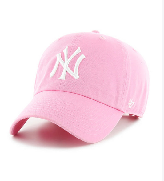 A pink New York Yankees baseball cap with the NY logo embroidered on the front.