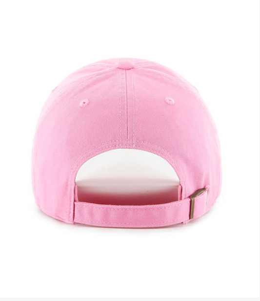 Back view of a pink adjustable baseball cap with a metal clasp and self-fabric strap.