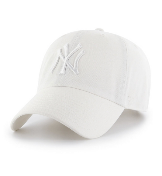 A white New York Yankees baseball cap with an embroidered logo on the front.