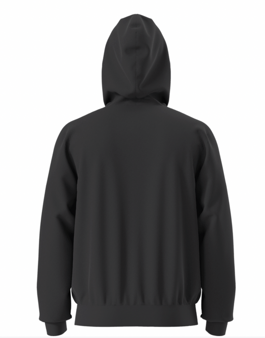 Black hoodie shown from the back on a white background