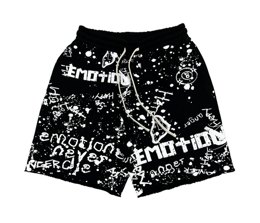Mixed Emotion black graffiti streetwear shorts with allover white graphic artwork and paint splatter design