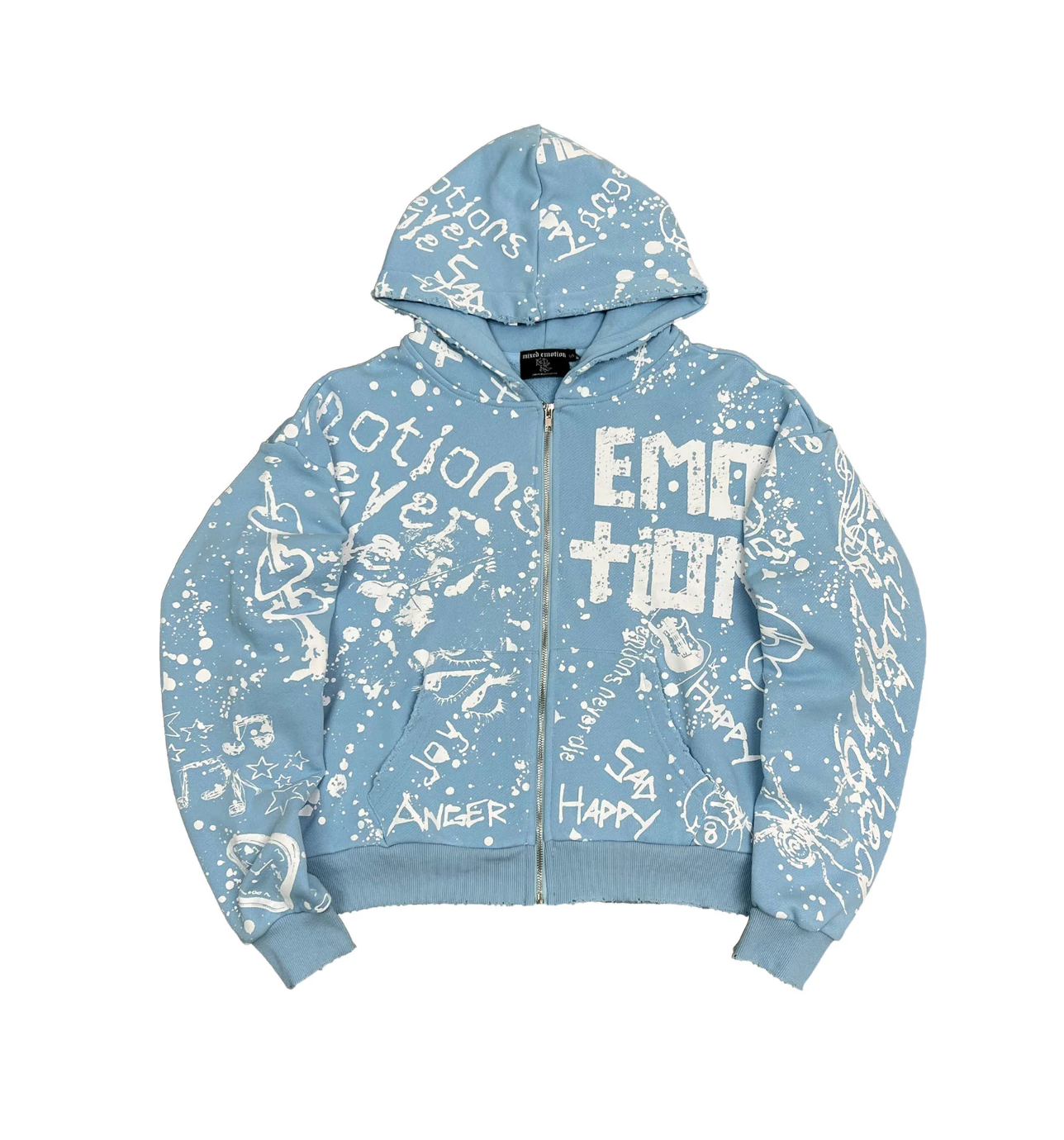 Mixed Emotion blue graffiti zip hoodie with allover white graphic streetwear artwork and paint splatter design