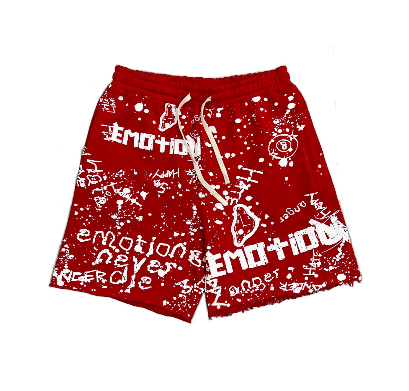 Mixed Emotion red graffiti streetwear shorts with allover white graphic artwork and paint splatter design