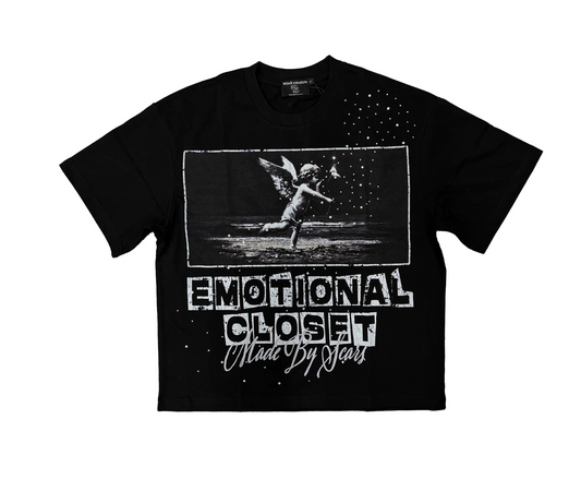 Mixed Emotion black graphic tee with Emotional Closet artwork, distressed lettering, angel graphics, and rhinestone-inspired streetwear details