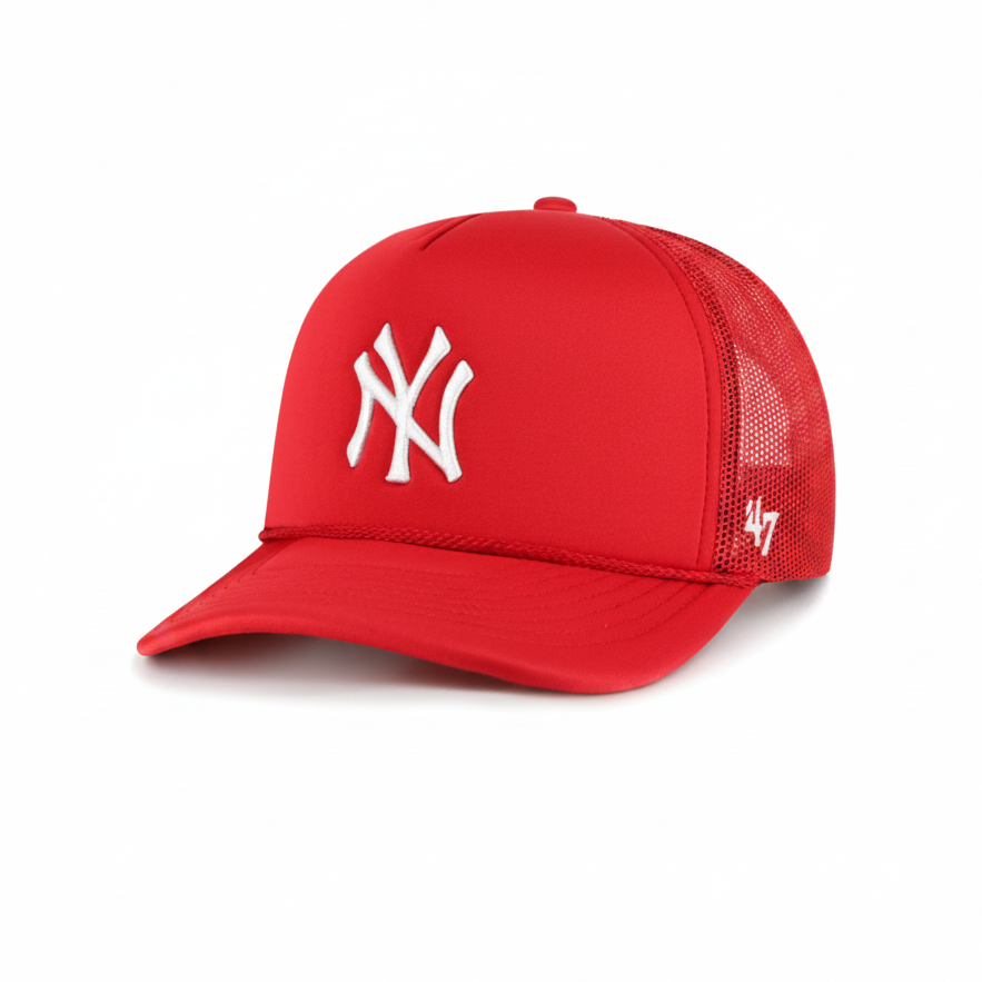 47 gear '47 New York Yankees (NY Yankees) Mens Womens Adjustable Trucker Hat Foam Front Mesh Baseball Cap, Snapback, Red, One Size