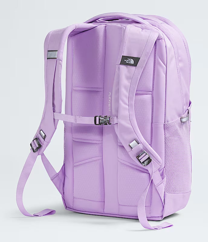 Purple backpack with visible branding on a light gray background