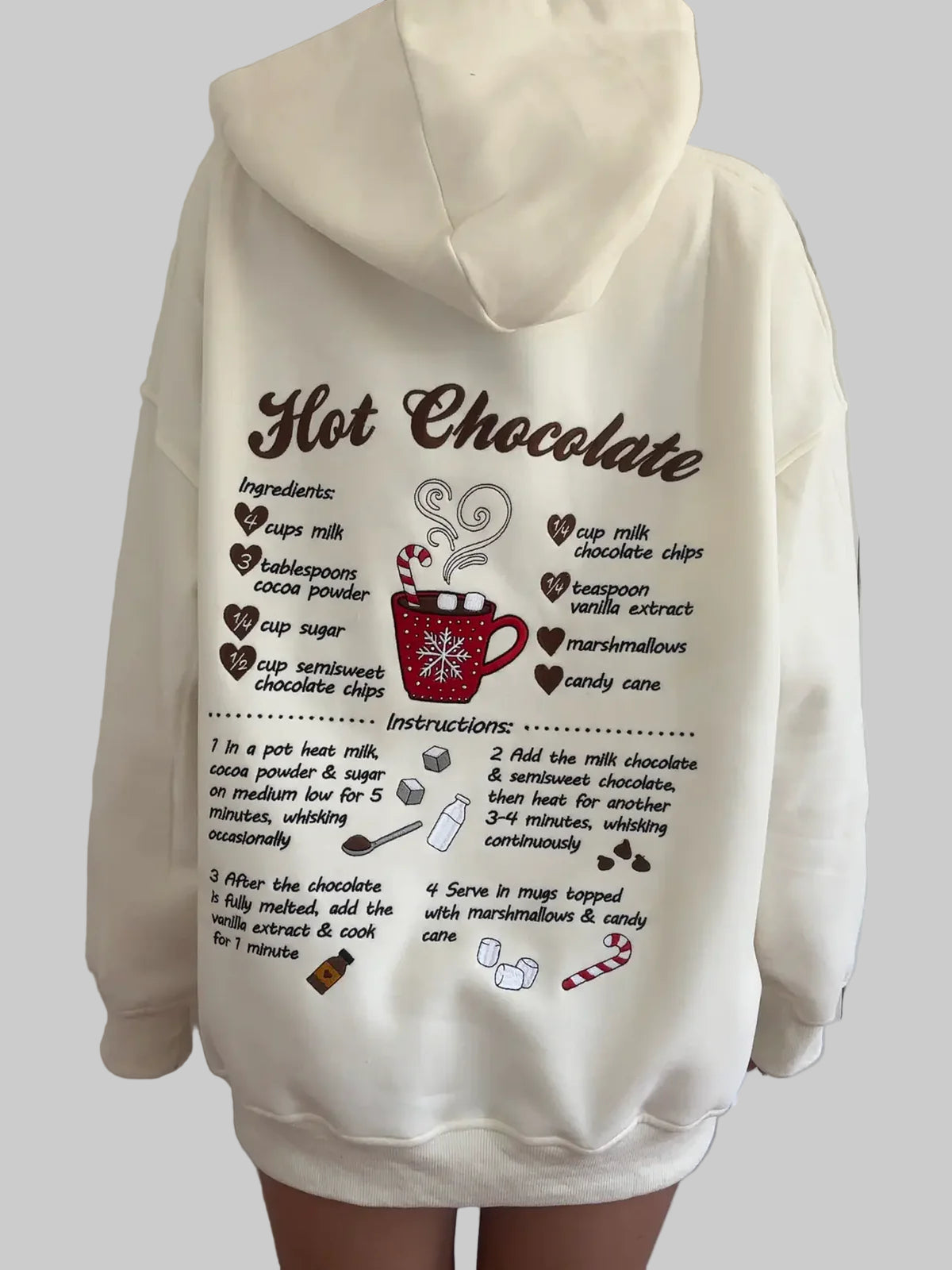 White hoodie with 'Hot Chocolate' recipe design on a white background