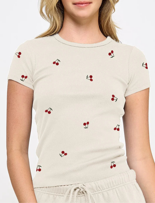 All Over Print Cherry Embroidery Tee front view