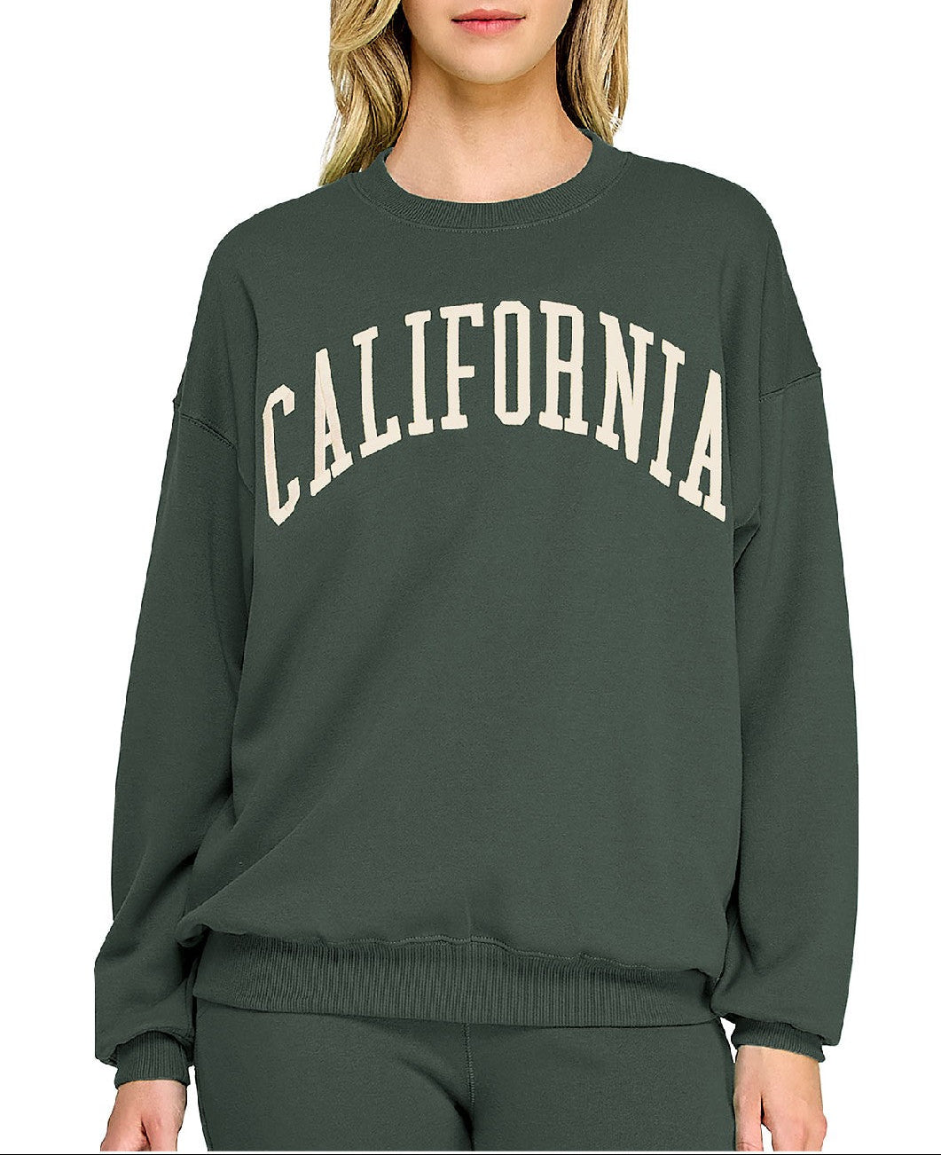 Person wearing a green sweatshirt with 'California' printed on it against a white background