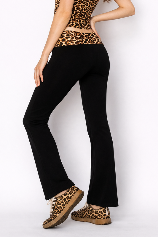 Leopard Print Fold Over Flare Yoga Pants – Cotton Stretch back view