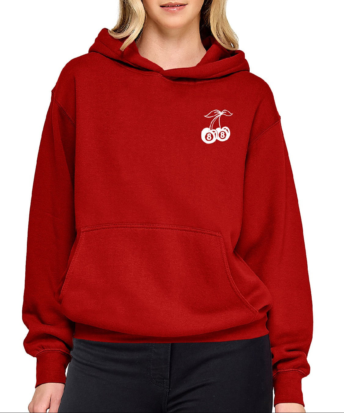 Person wearing a red hoodie with a logo on a white background