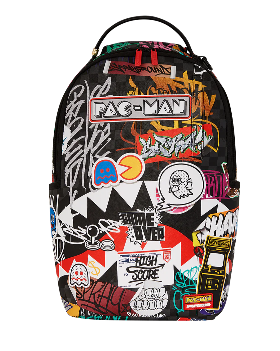 Backpack with colorful stickers on a white background