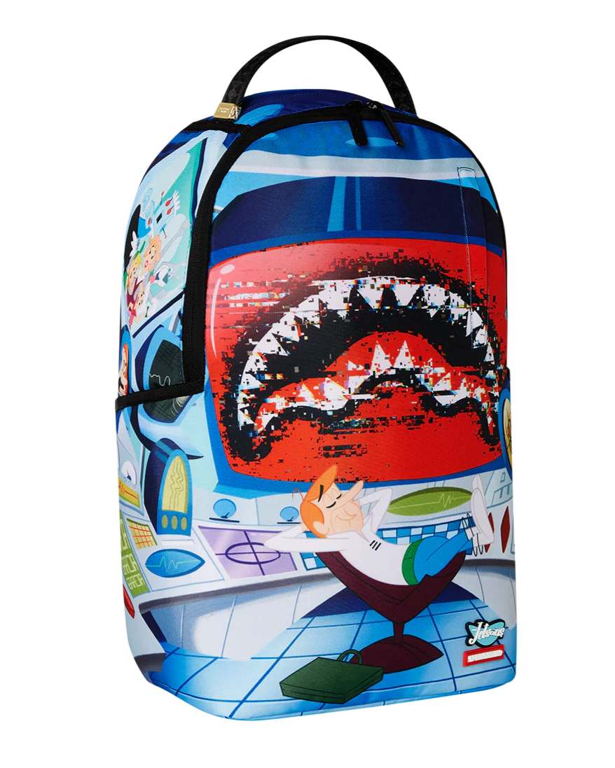 Backpack with a colorful design featuring a shark and abstract elements on a white background