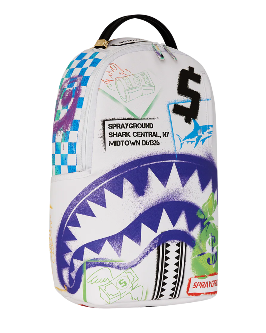Backpack with colorful design and brand logos on a white background