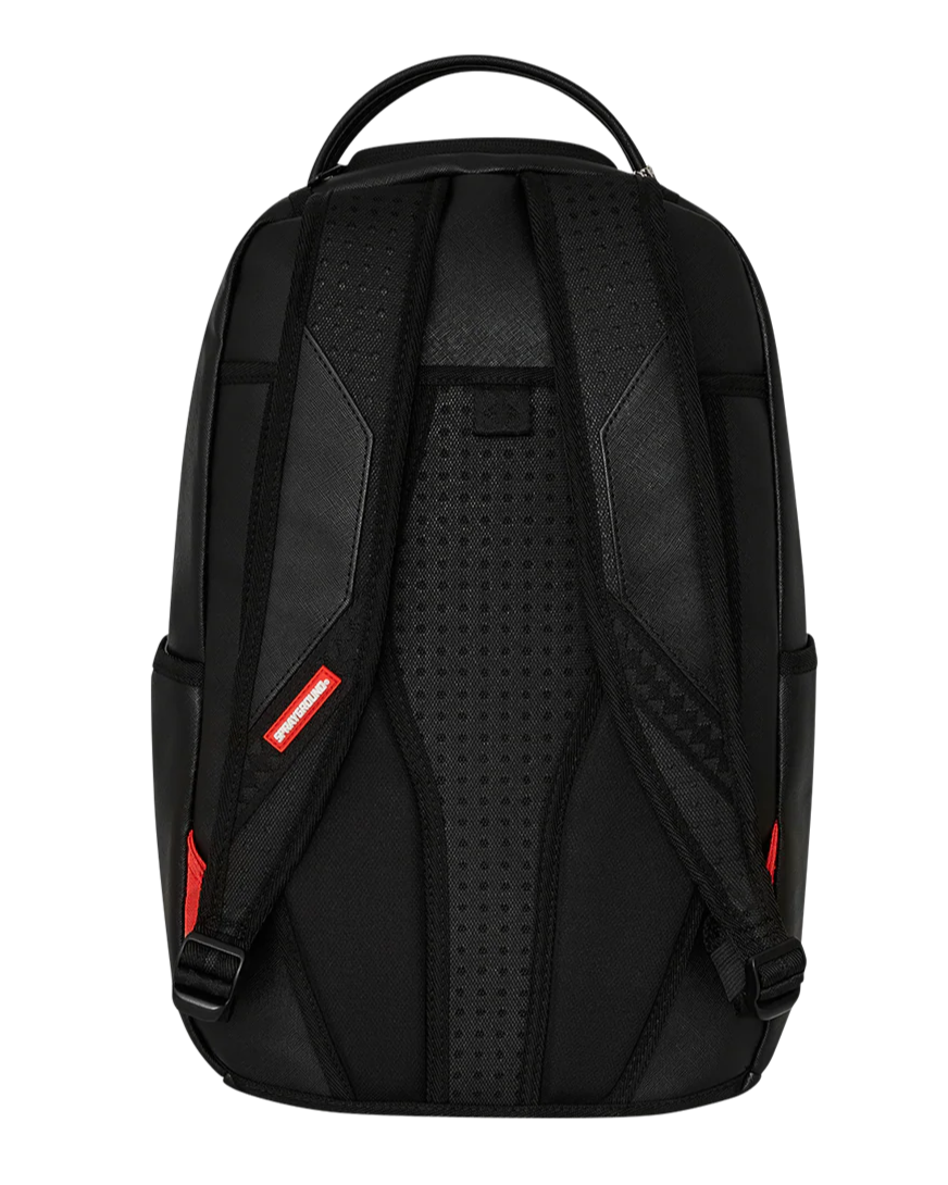 Black backpack with red accents on a white background
