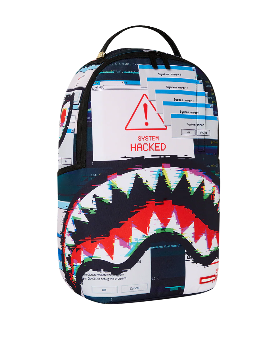 Backpack with a colorful design featuring a shark mouth and 'System Hacked' text on a white background.