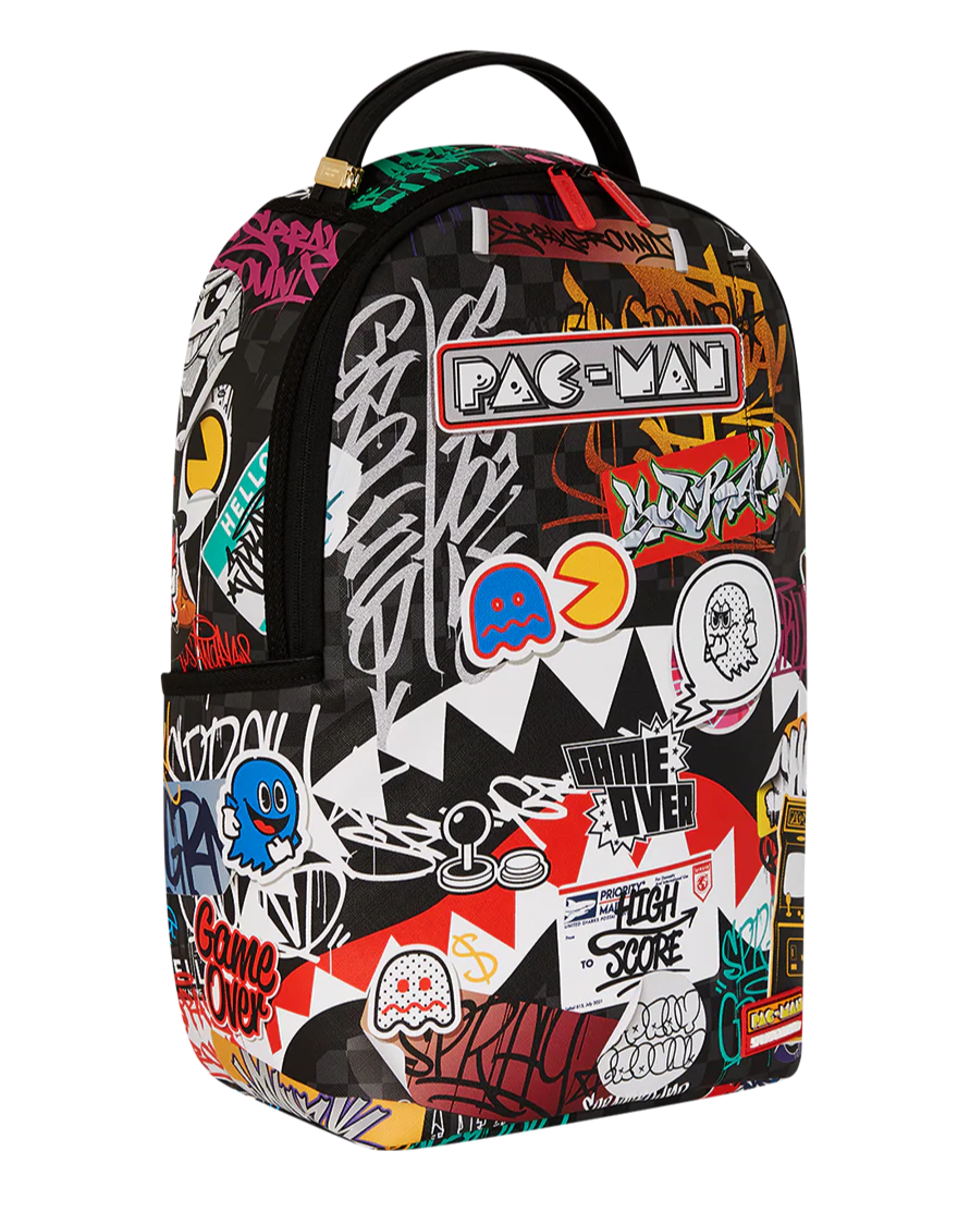Backpack with colorful graphics and 'Pac-Man' branding on a white background