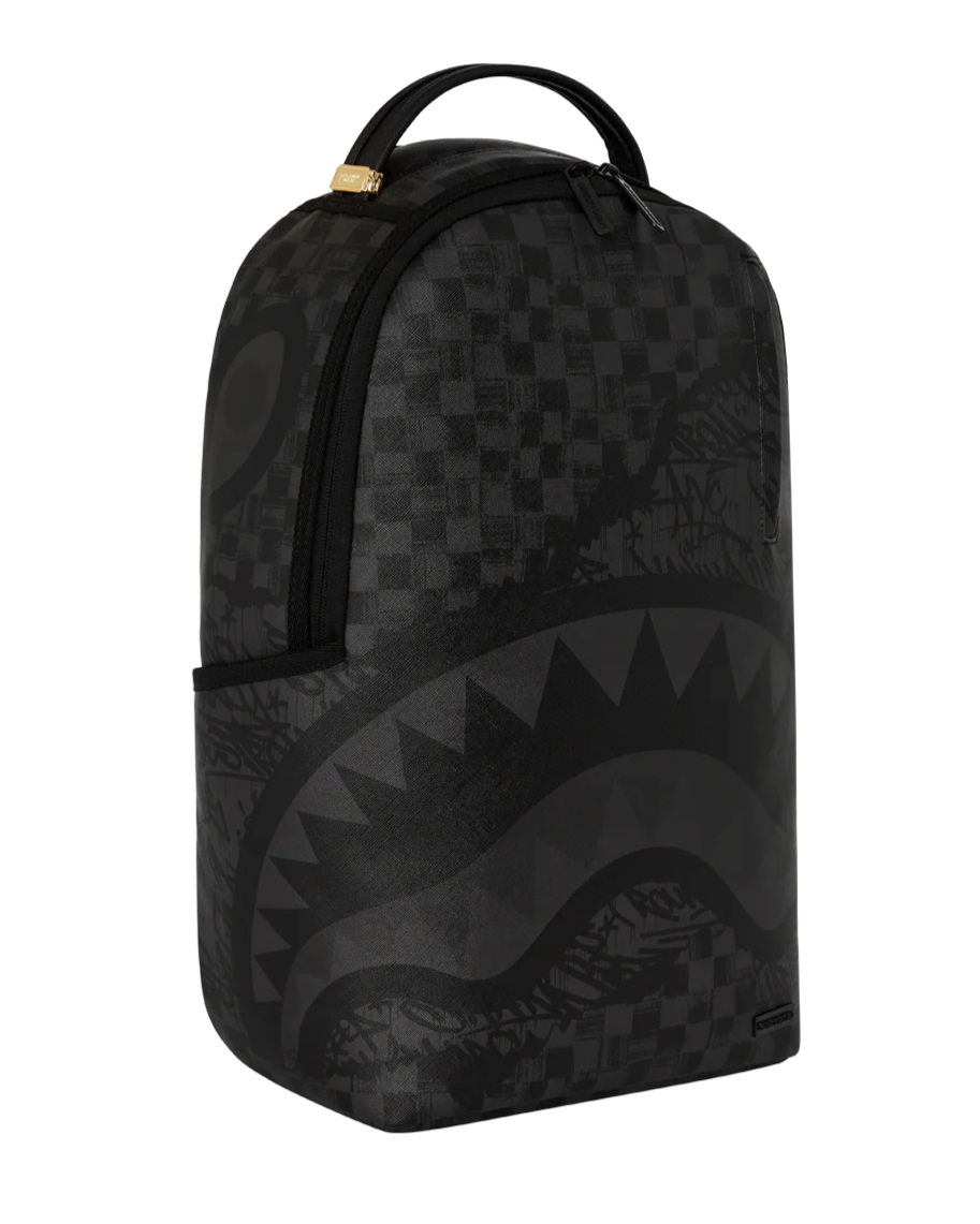 Black checkered backpack with a shark mouth design on a white background