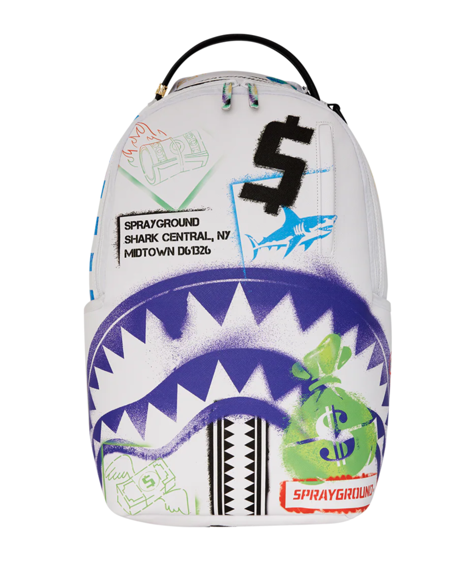 Sprayground backpack with shark design and various graphics on a white background