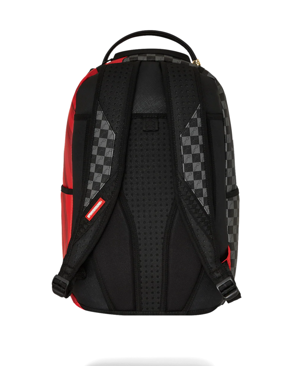 Black and red backpack with checkered pattern on a white background