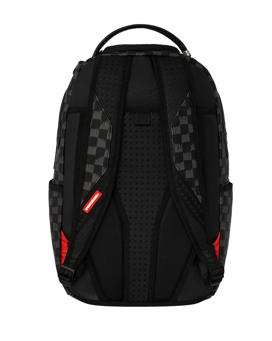 Black backpack with checkered pattern and red accents on a white background