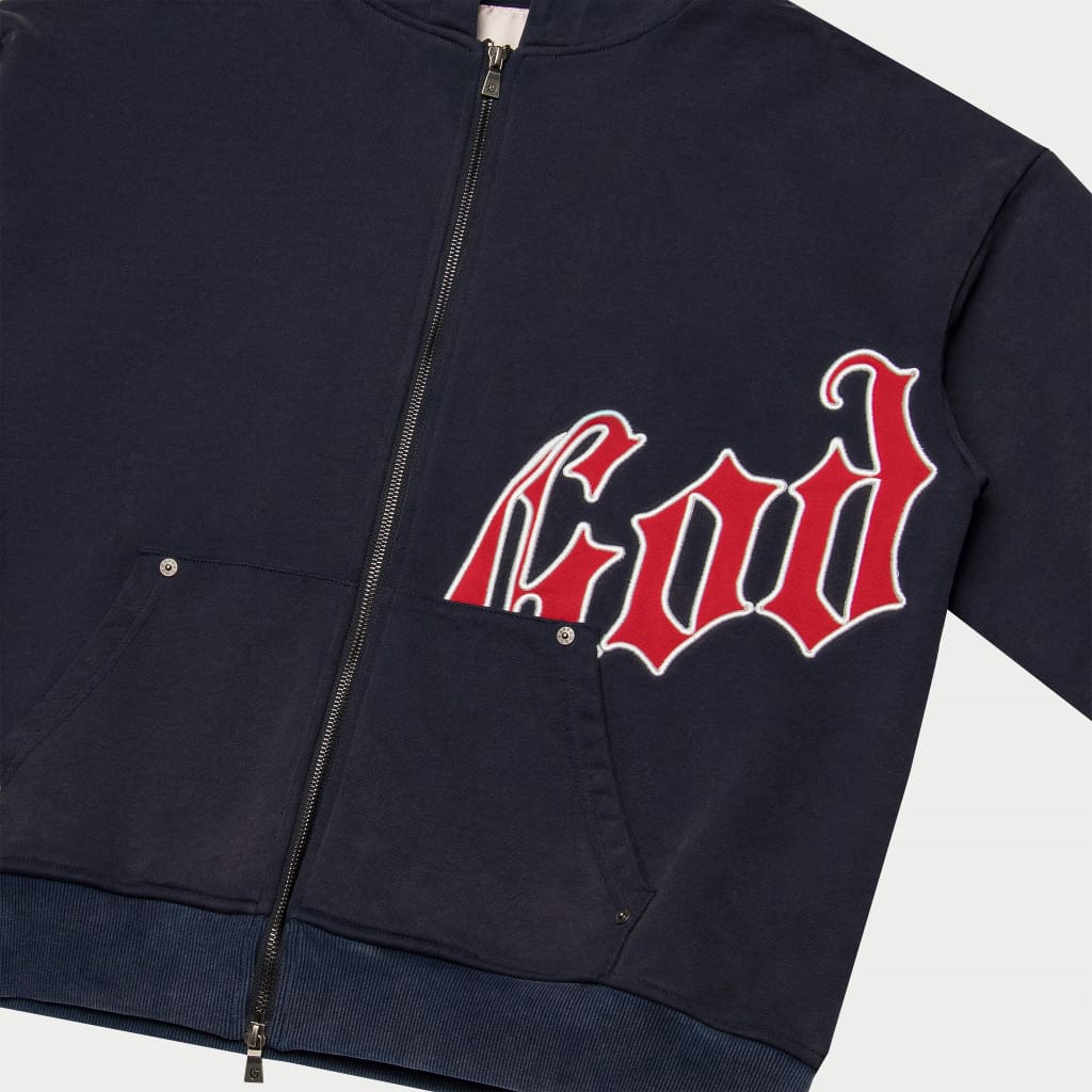 close up navy hoodie with red logo