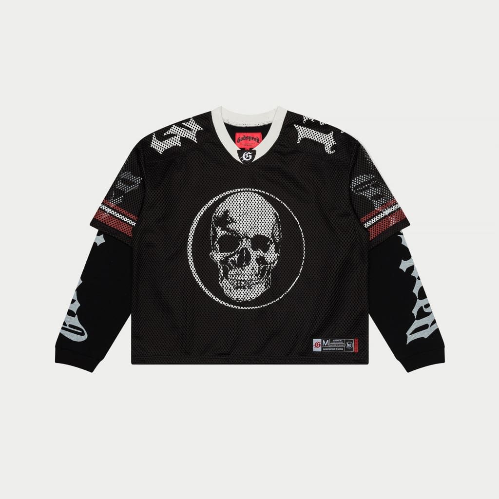 Black sports jersey with skull design on a white background
