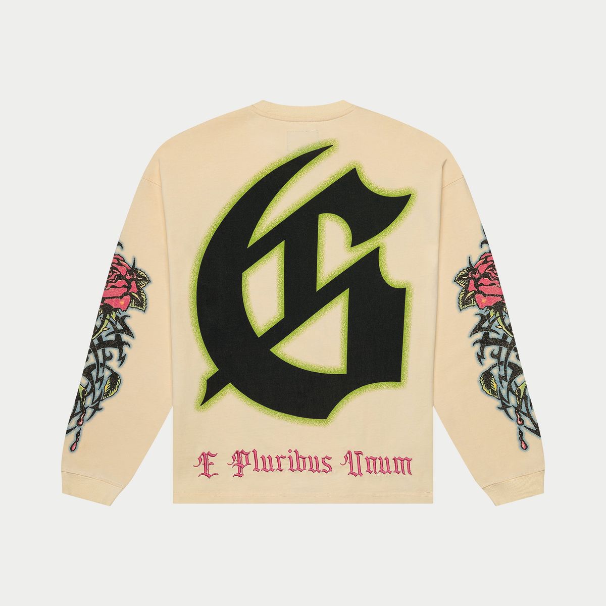Beige sweatshirt with black letter 'G' design and floral sleeve patterns on a white background