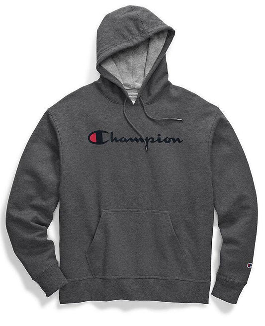 Men's Champion Script Logo Powerblend® Pullover Hoodie font view
