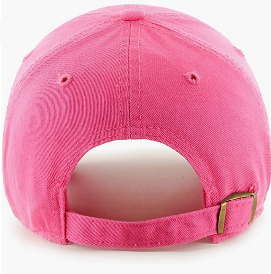 Back view of the New York Yankees '47 CLEAN UP adjustable hat in vibrant pink, featuring an adjustable strap with a metal buckle and a loop label on the strap for added authenticity.