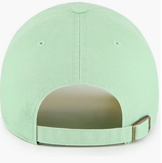 A rear view of a mint green baseball cap with an adjustable strap and a metal buckle closure, highlighting its smooth fabric and subtle stitching.