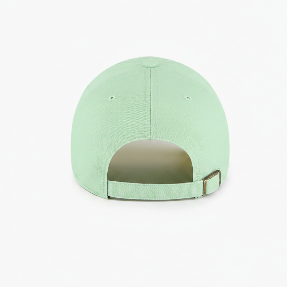 A rear view of a mint green baseball cap with an adjustable strap and a metal buckle closure, highlighting its smooth fabric and subtle stitching.