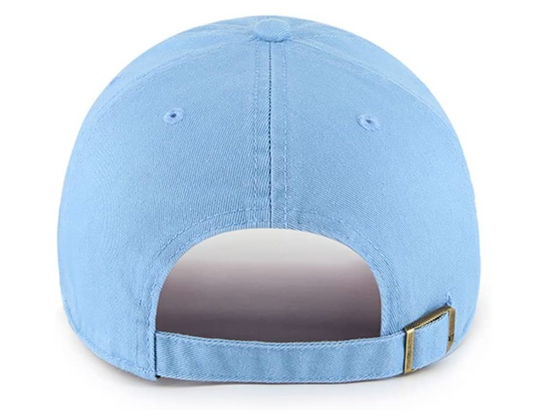 A rear view of a light blue baseball cap with an adjustable strap and a metal buckle closure, showcasing its clean stitching and simple design.