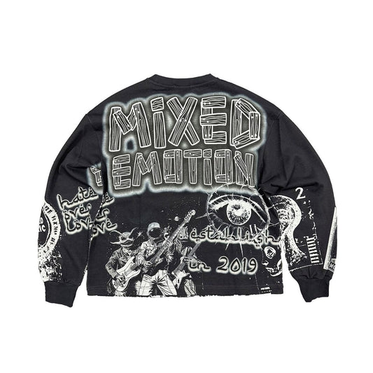 Black sweatshirt with white graphic design and text on a white background