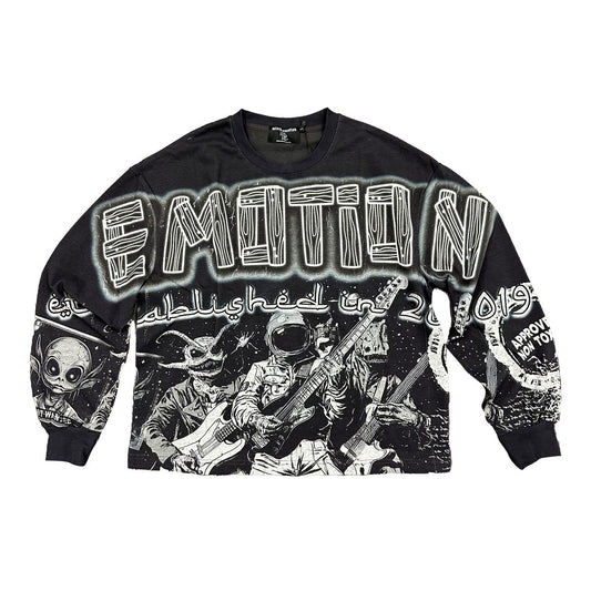 Black sweatshirt with graphic design and text on a white background