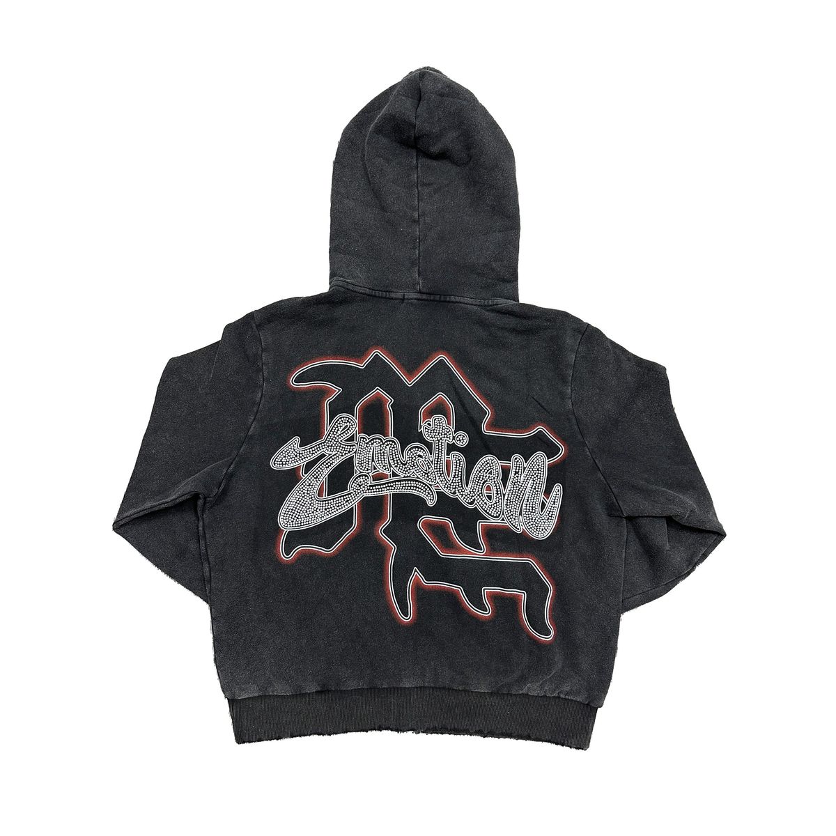 Black hoodie with a logo on the back against a white background