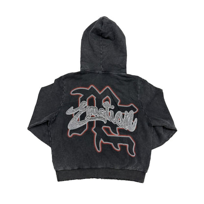 Black hoodie with a logo on the back against a white background