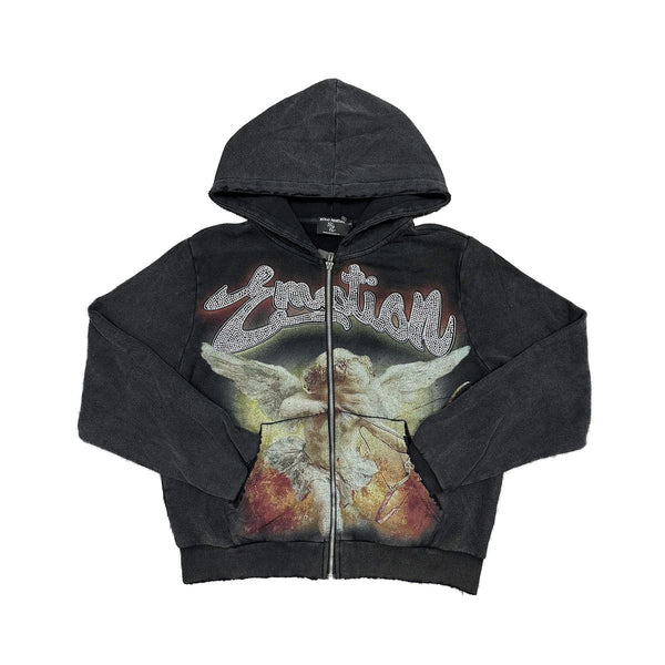 Black hoodie with graphic design of an angel and 'Zestforlife' text on a white background