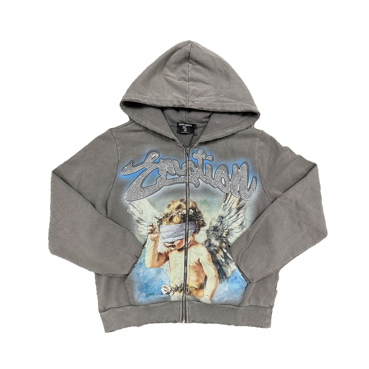 Mixed Emotion Grey Rhinestone Zip Hoodie – Angel Graphic Streetwear Hoodie front view