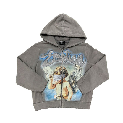 Mixed Emotion Grey Rhinestone Zip Hoodie – Angel Graphic Streetwear Hoodie front view