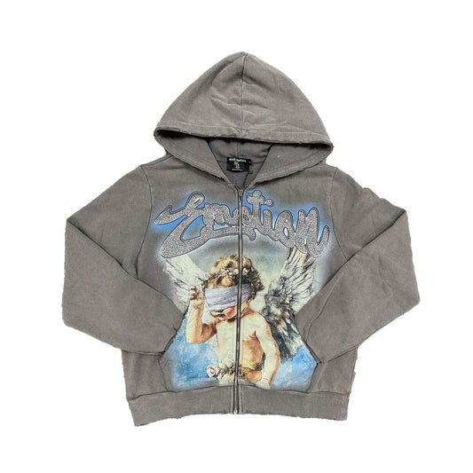 Mixed Emotion Grey Rhinestone Zip Hoodie – Angel Graphic Streetwear Hoodie front view