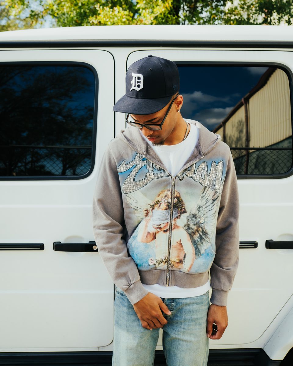 Mixed Emotion Grey Rhinestone Zip Hoodie – Angel Graphic Streetwear Hoodie front view
