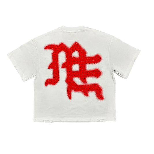 White t-shirt with red graphic design on a white background