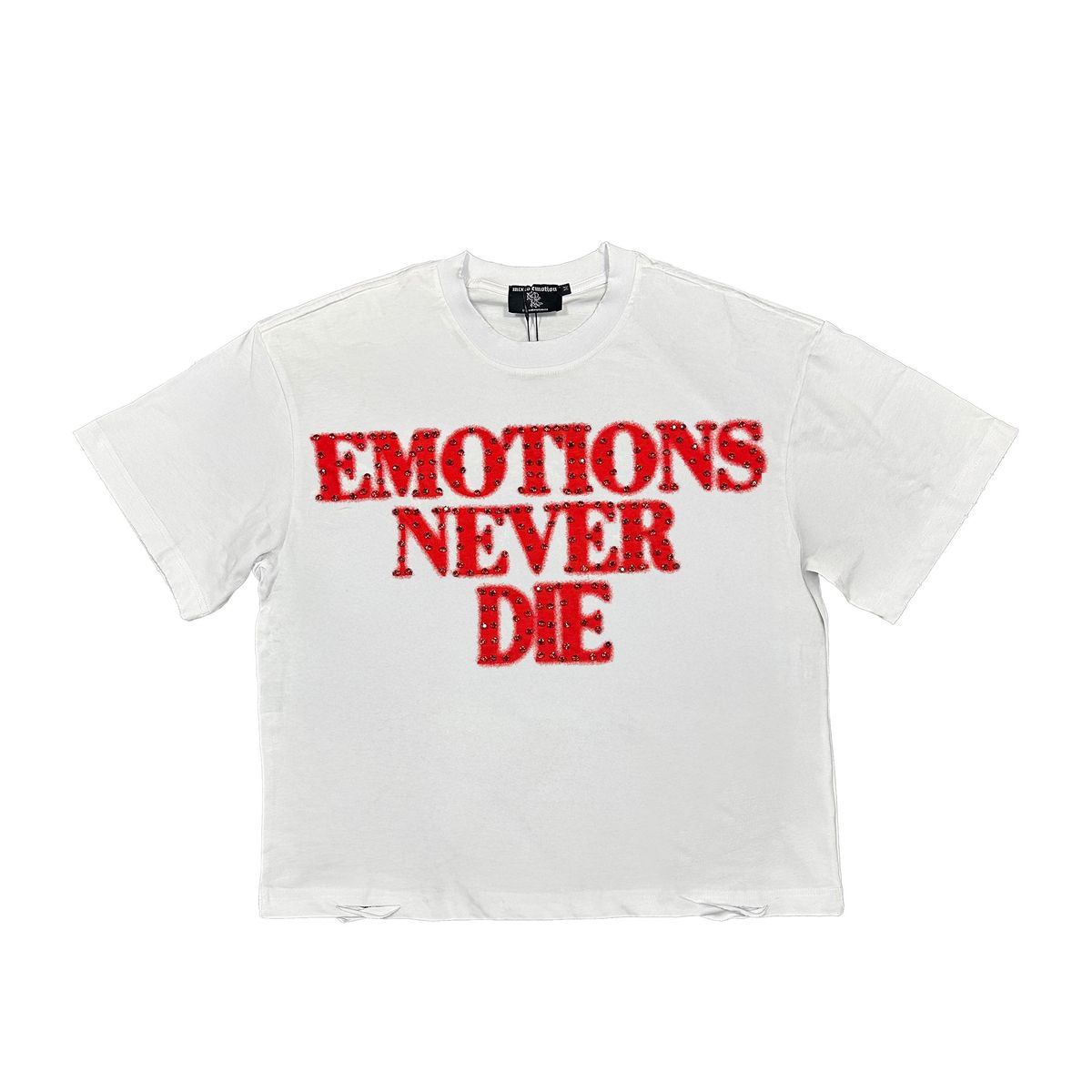White t-shirt with red text 'EMOTIONS NEVER DIE' on a white background