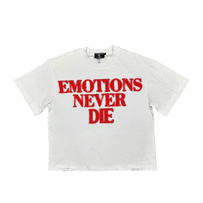 White t-shirt with red text 'EMOTIONS NEVER DIE' on a white background