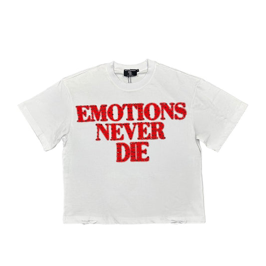 White t-shirt with red text 'EMOTIONS NEVER DIE' on a white background